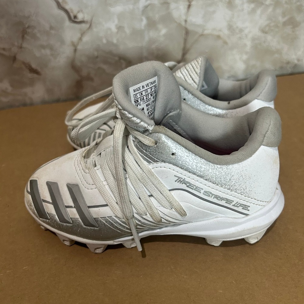 Adidas Kids White Silver Three Stripe Life Football Cleats Size 10K‎